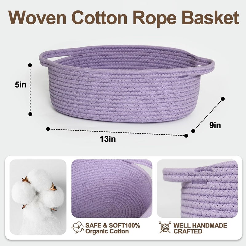 WILLITAT Small Baskets for Gifts Empty, 13"x 9"x 5" Woven Gift Basket with Bag and Ribbon, Cotton Rope Kids Dog Cat Toy Bin Box, Cute Baby Nursery Organizer, Decorative Storage with Handles,Purple - Image 4